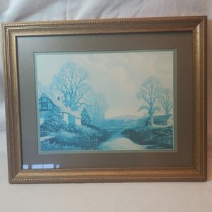 River Creek Painting Vtg 1980's Framed Matted Cottage Barn Mountains Winter MCM